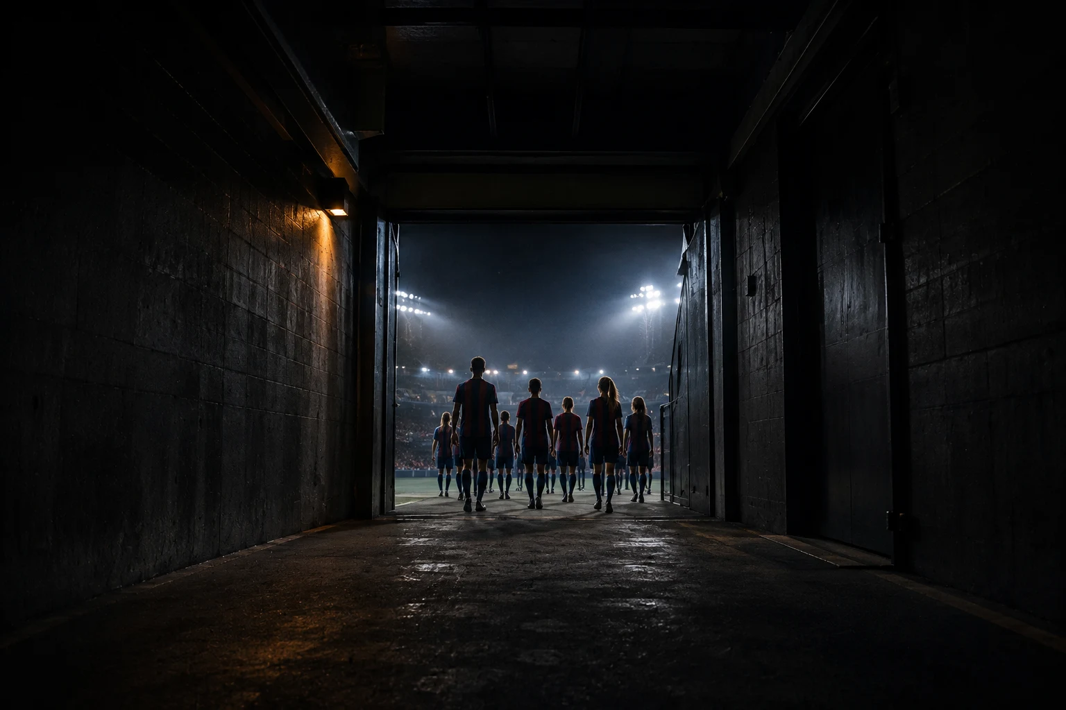 A mixed group of young men's and Femení players walks through a dark tunnel toward a floodlit pitch.