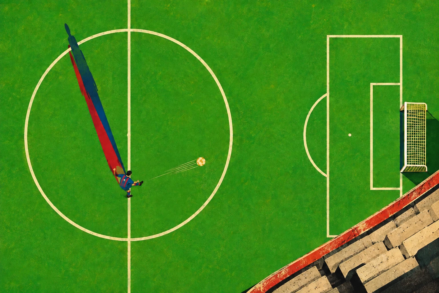 A small faceless footballer in blue and garnet strikes a gold ball across the halfway line on a bright green pitch, with an old concrete stand at one corner.