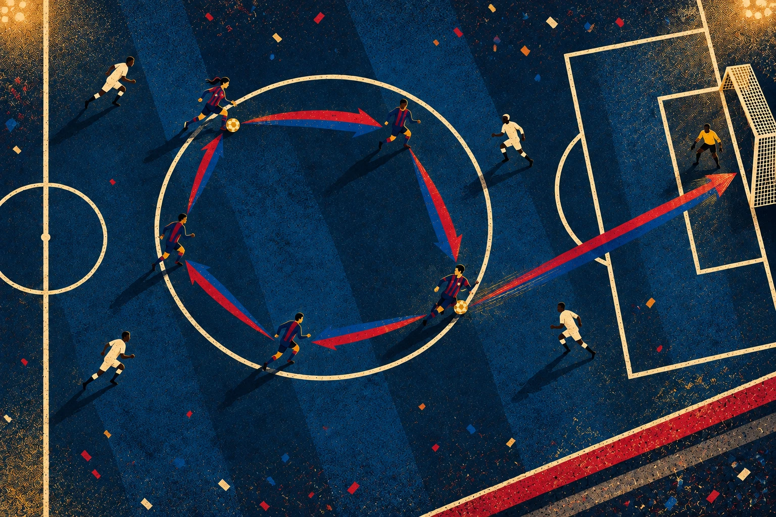 Barça figures, one of them a woman, pass the ball around a large painted circle on a midnight-blue pitch while white-shirted opponents wait outside and one route breaks toward goal.