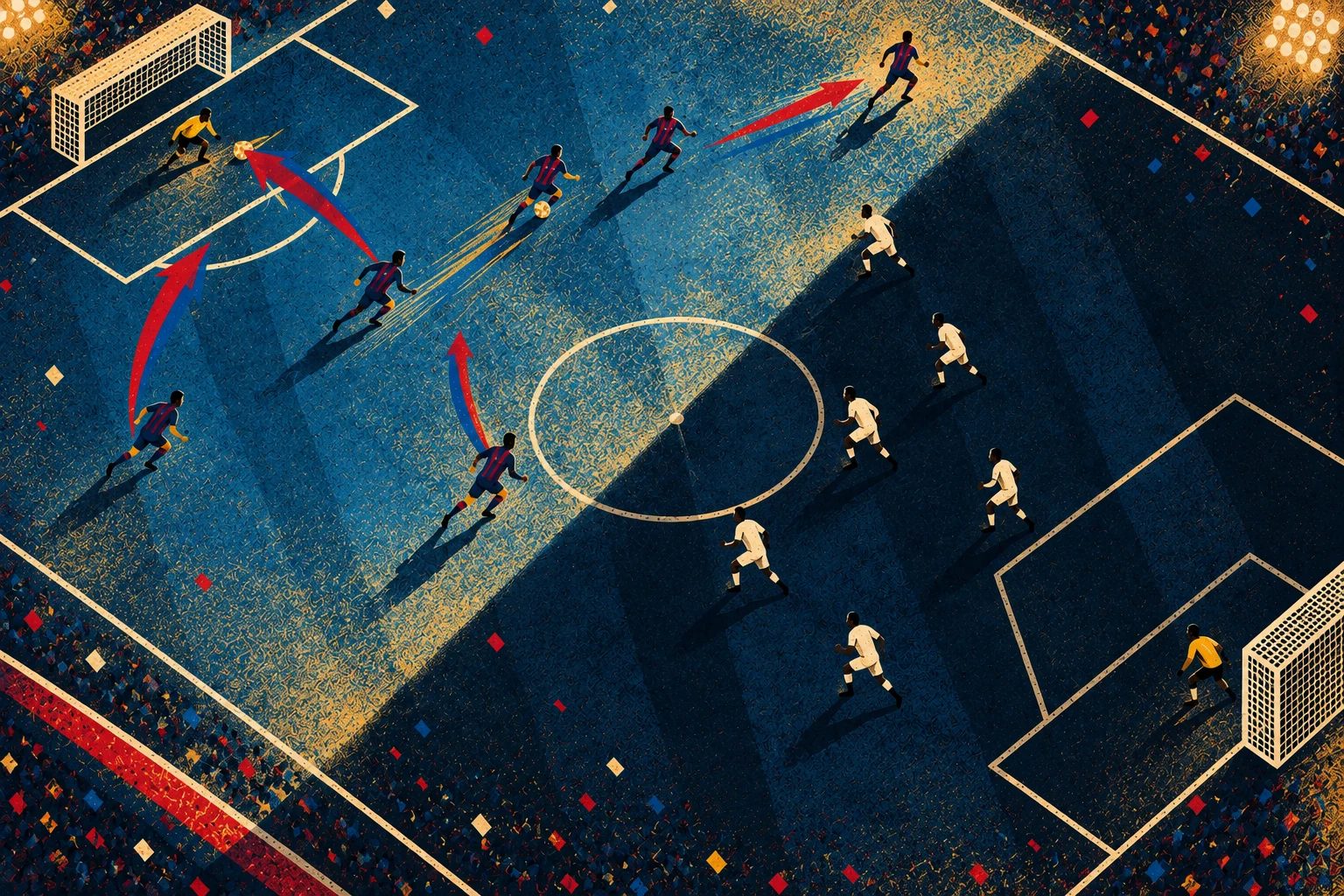 A floodlit blue pitch divided by diagonal light, with Barça-coloured attacking runs on one side and white-shirted opponents holding the darker half.