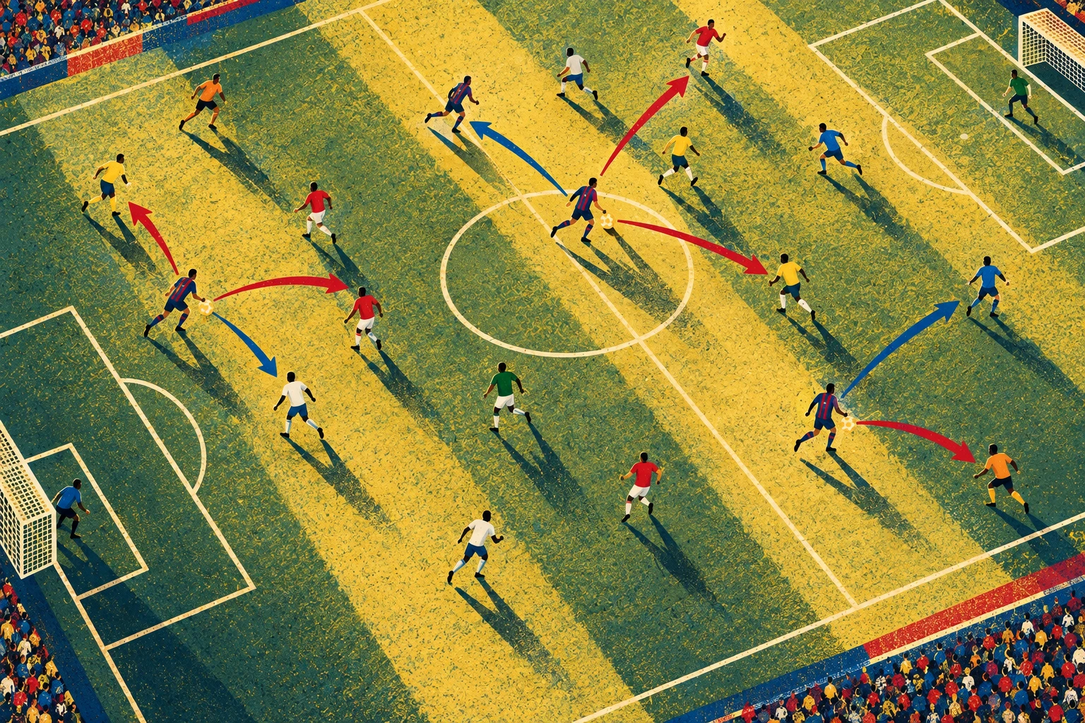 Anonymous players in varied plain kits crisscross a sunlit pitch along branching passing routes.