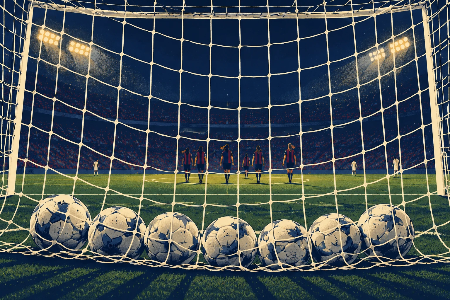 Seen from behind the goal through the net at night, seven balls lie in a row at the bottom of the net while small players in garnet-and-blue stripes walk back to the centre circle under floodlights.