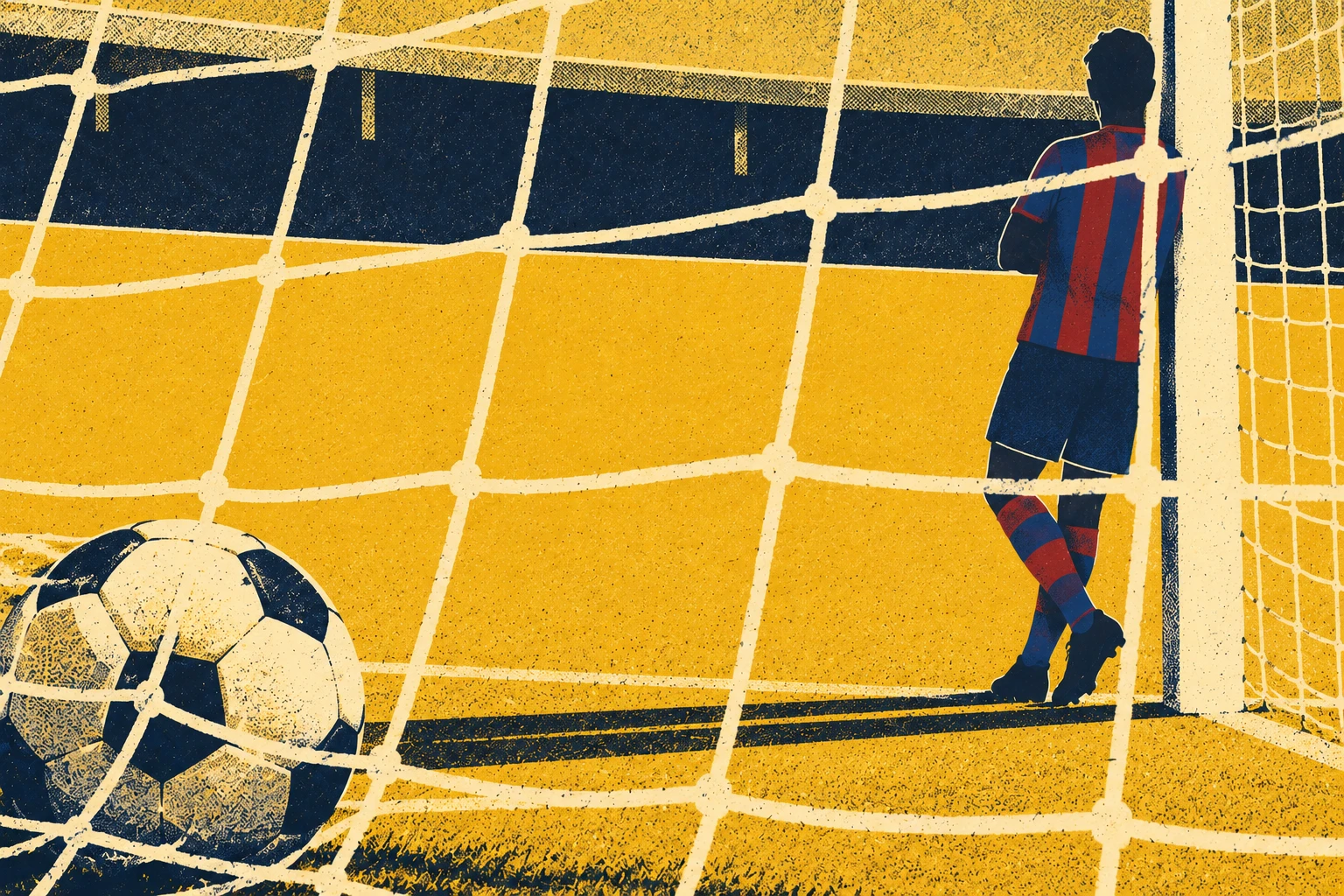 Screenprint-style illustration seen from inside the goal: through the net, a lone player in garnet-and-blue stripes leans against the post with arms folded, while the ball sits in the corner of the net on a mustard-yellow pitch.