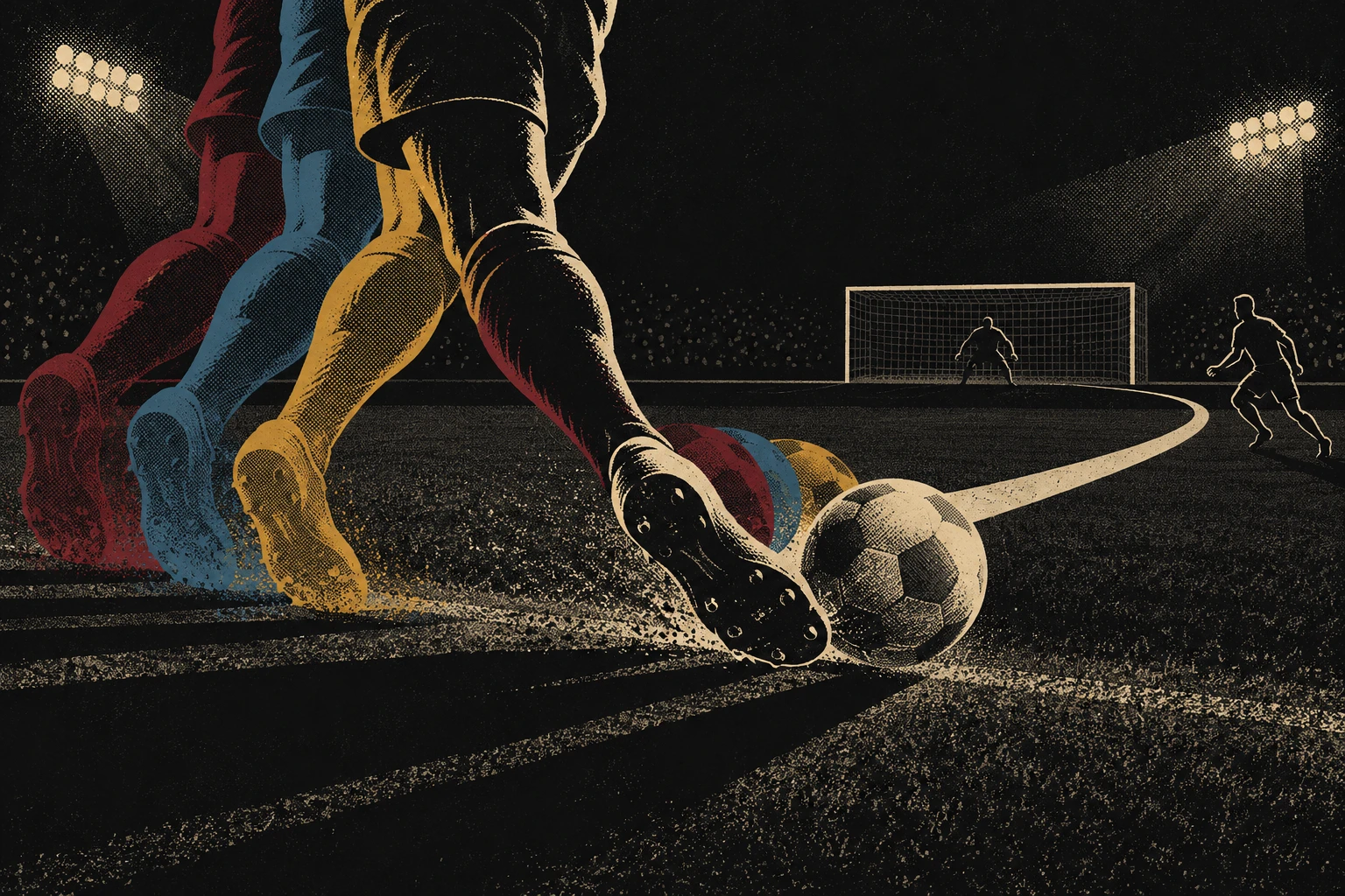 Screenprint-style illustration of a faceless player's legs at night, with garnet, blue and gold echoes of the same stride trailing behind as the boot hooks the ball, while a chalk curve carries the pass toward a teammate near the goal under the floodlights.