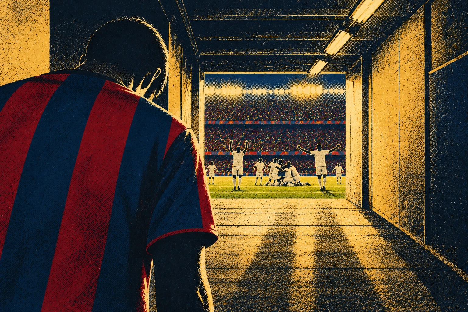 A Barça player in a garnet and blue shirt stands with his head bowed in the tunnel while white-shirted players celebrate on the floodlit pitch beyond.